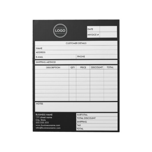 Black Invoice Business Sales Logo Formulier Ontvan Notitieblok (Linkerzijde)