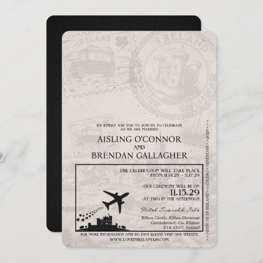 Black Ireland Passport Wedding Invitation Kaart (Voorkant / Achterkant)