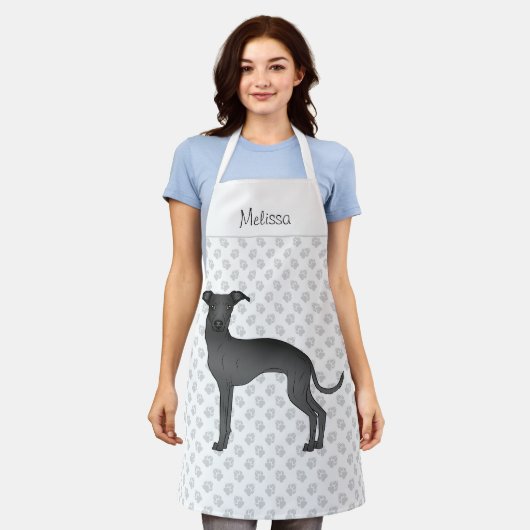 Black Italiaans Greyhound Cartoon Dog met naam Schort (Gedragen)