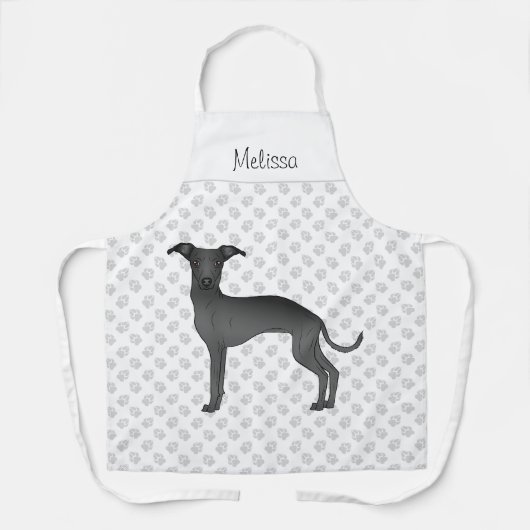 Black Italiaans Greyhound Cartoon Dog met naam Schort (Voorkant)