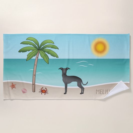 Black Italiaans Greyhound op Tropical Summer Beach Strandlaken (Voorkant)