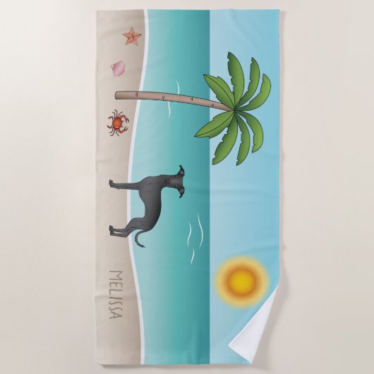 Black Italiaans Greyhound op Tropical Summer Beach Strandlaken (Voorkant)