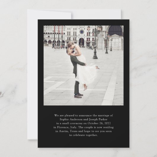 Black | Italiaanse Elegantie Fotobruiloft Aankondiging (Achterkant)