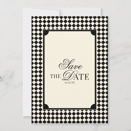 Black & Ivory Checkered Old Money QR Code Wedding Save The Date (Voorkant)