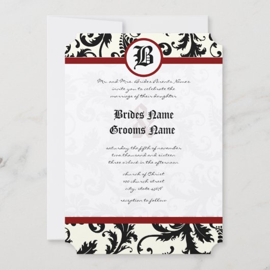 Black Ivory & Maroon Damask Wedding Kaart (Voorkant)