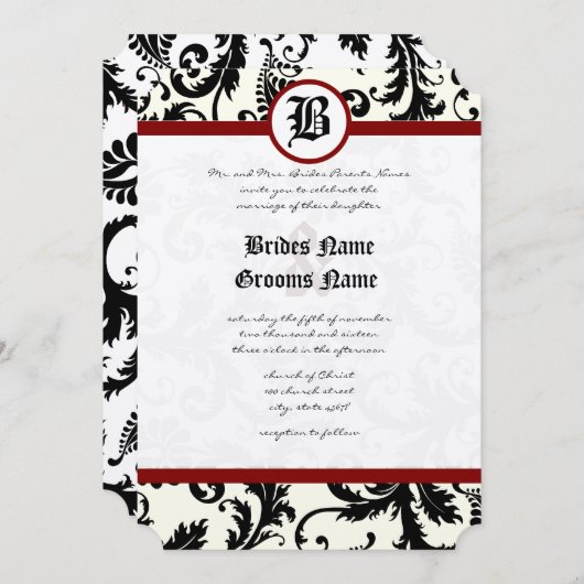 Black Ivory & Maroon Damask Wedding Kaart (Voorkant / Achterkant)