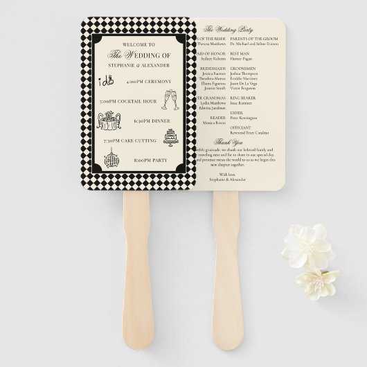 Black & Ivory Old Money Wedding Program Itinerary Handwaaier (Voorkant en achterkant)