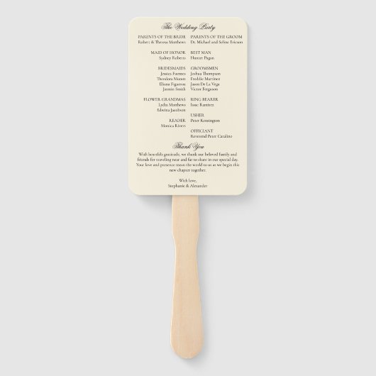 Black & Ivory Old Money Wedding Program Itinerary Handwaaier (Achterkant)