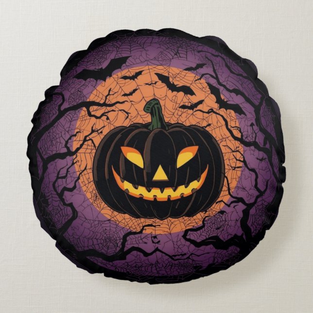 Black Jack-O’-Lantern Round Pillow Rond Kussen (Voorkant)