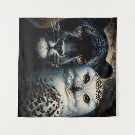 Black Jaguar and Snowy Owl Painting Wandkleed (Voorkant (horizontaal))