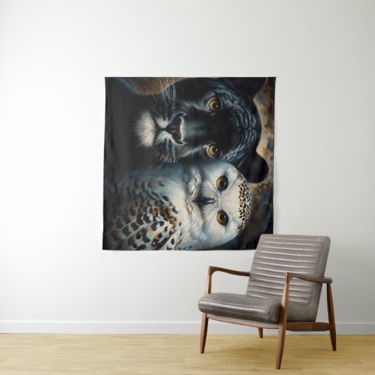Black Jaguar and Snowy Owl Painting Wandkleed (In Situ (horizontaal))