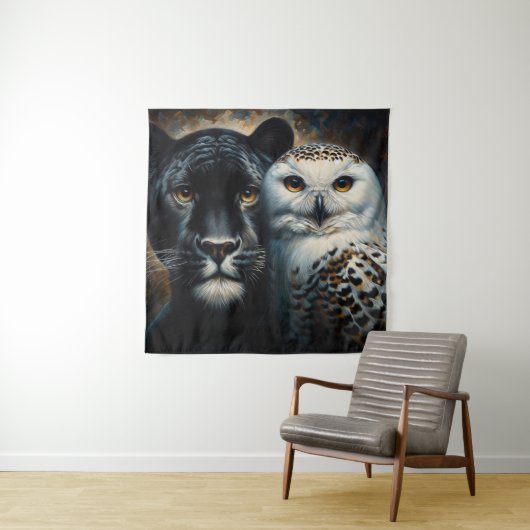 Black Jaguar and Snowy Owl Painting Wandkleed (In situ)