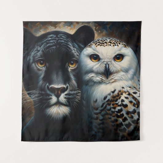 Black Jaguar and Snowy Owl Painting Wandkleed (Voorkant)