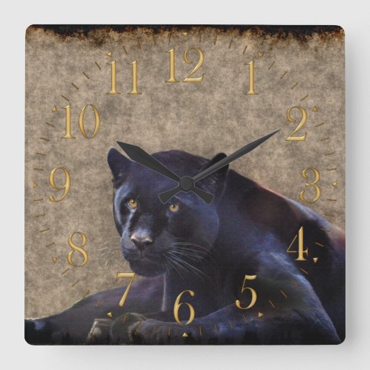 Black Jaguar, Rustic Grunge BG Wildlife Wall Clock Vierkante Klok (Voorkant)