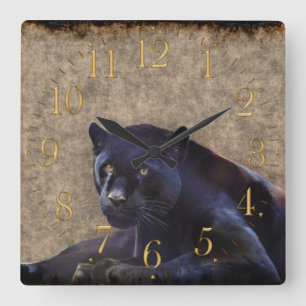Black Jaguar, Rustic Grunge BG Wildlife Wall Clock Vierkante Klok