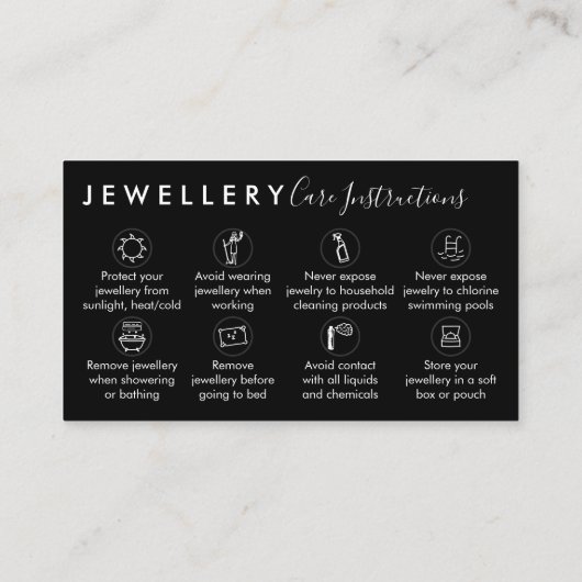 Black Jewelry Aftercare Instructions Visitekaartje (Achterkant)