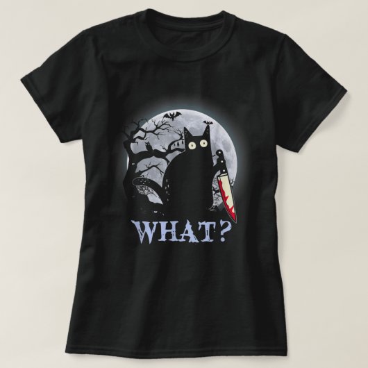 Black Killer Cat Costume Halloween met Knife T-Sh T-shirt (Design voorkant)