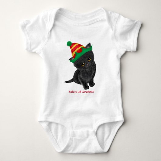Black kitten baby's 1 e Xmas gepersonaliseerde lij Romper (Voorkant)