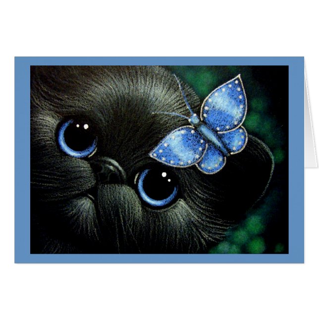 BLACK KITTEN CAT WITH BLUE BUTTERFLY  CARD (Voorkant Horizontaal)