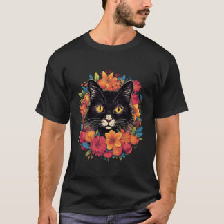 Black Kitten Encircled By Flowers Owner Garden T-shirt