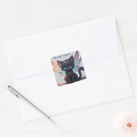 Black Kitten Fairy Vierkante Sticker (Envelop)
