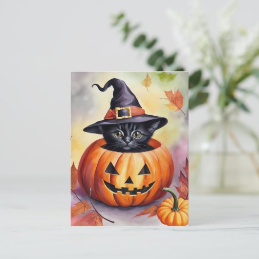 Black Kitten Halloween pompoen heks Pet Briefkaart (Staand voorkant)