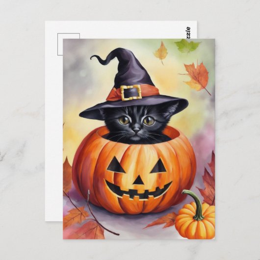 Black Kitten Halloween pompoen heks Pet Briefkaart (Voorkant / Achterkant)