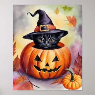Black Kitten Halloween pompoen heks Pet Poster