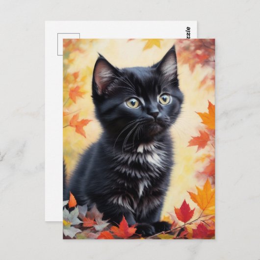 Black Kitten herfstscène platte Kaart (Voorkant / Achterkant)