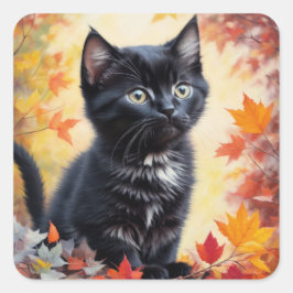 Black Kitten herfstscène platte Kaart Vierkante Sticker