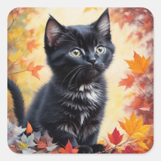 Black Kitten herfstscène platte Kaart Vierkante Sticker (Voorkant)