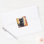 Black Kitten herfstscène platte Kaart Vierkante Sticker (Envelop)