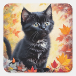 Black Kitten herfstscène platte Kaart Vierkante Sticker