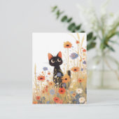 Black Kitten in Orange and Blue Wildflower Meadow Briefkaart (Staand voorkant)