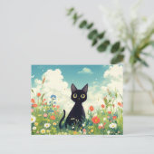 Black Kitten in Sunny Wildflower Summer Meadow Briefkaart (Staand voorkant)