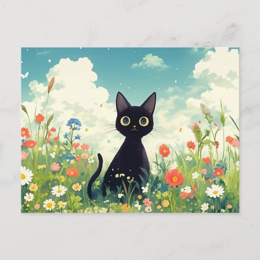 Black Kitten in Sunny Wildflower Summer Meadow Briefkaart (Voorkant)