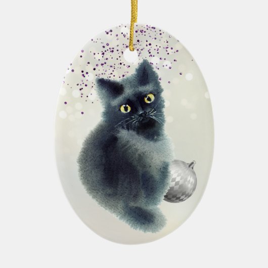 Black Kitten Silver Bulb Bokeh Kerstmis Keramisch Ornament (Voorkant)