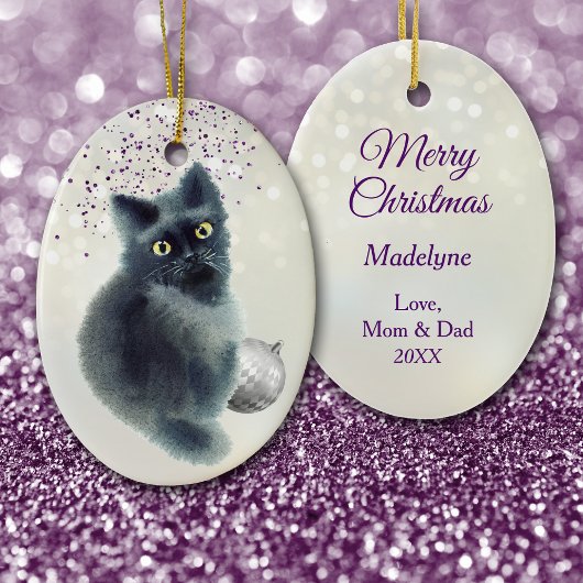 Black Kitten Silver Bulb Bokeh Kerstmis Keramisch Ornament
