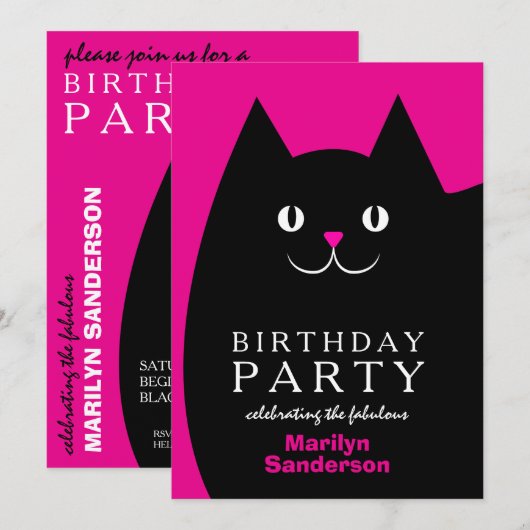 Black Kitty Cat Birthday Party Kaart (Voorkant / Achterkant)