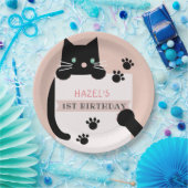 Black Kitty Cat Girl Pink Birthday Papieren Bordje (Feest)