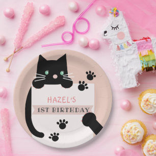 Black Kitty Cat Girl Pink Birthday Papieren Bordje