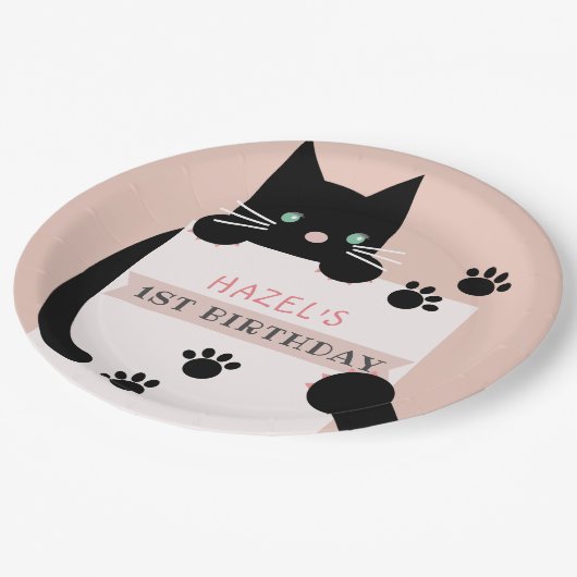 Black Kitty Cat Girl Pink Birthday Papieren Bordje (Gekanteld)