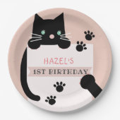 Black Kitty Cat Girl Pink Birthday Papieren Bordje (Voorkant)