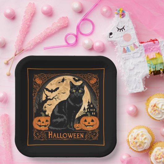 Black Kitty Cat Halloween Papieren Bordje (Feest)