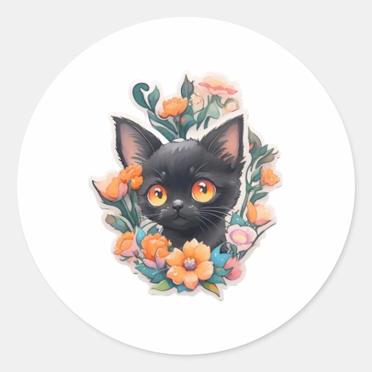 Black Kitty Cat Kitten Neko Ronde Sticker (Voorkant)