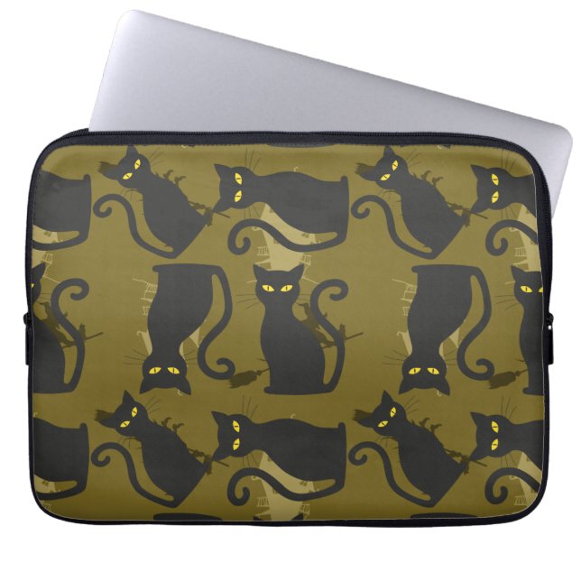 Black Kitty Cat Metallizer Factory Deco Laptop Sleeve (Voorkant)