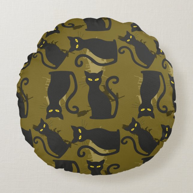 Black Kitty Cat Metallizer Factory Deco Rond Kussen (Voorkant)