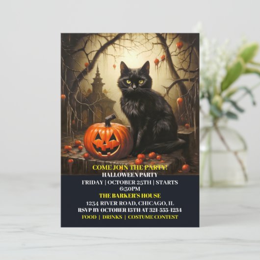 Black Kitty Kat Halloween Bash Uitnodigingen (Staand voorkant)