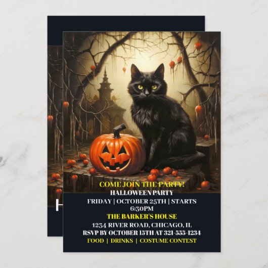 Black Kitty Kat Halloween Bash Uitnodigingen (Voorkant / Achterkant)