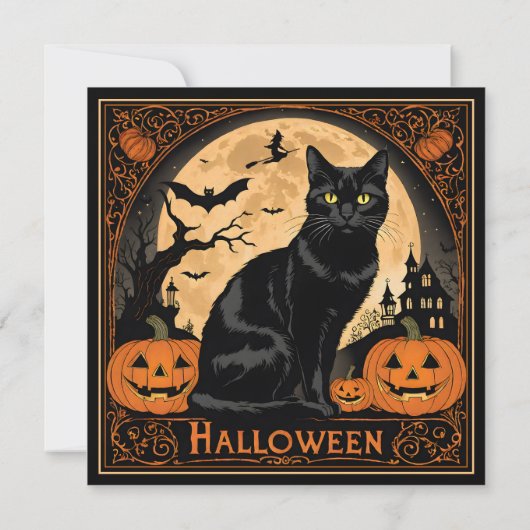 Black Kitty Kat Halloween Feest Uitnodiging (Achterkant)